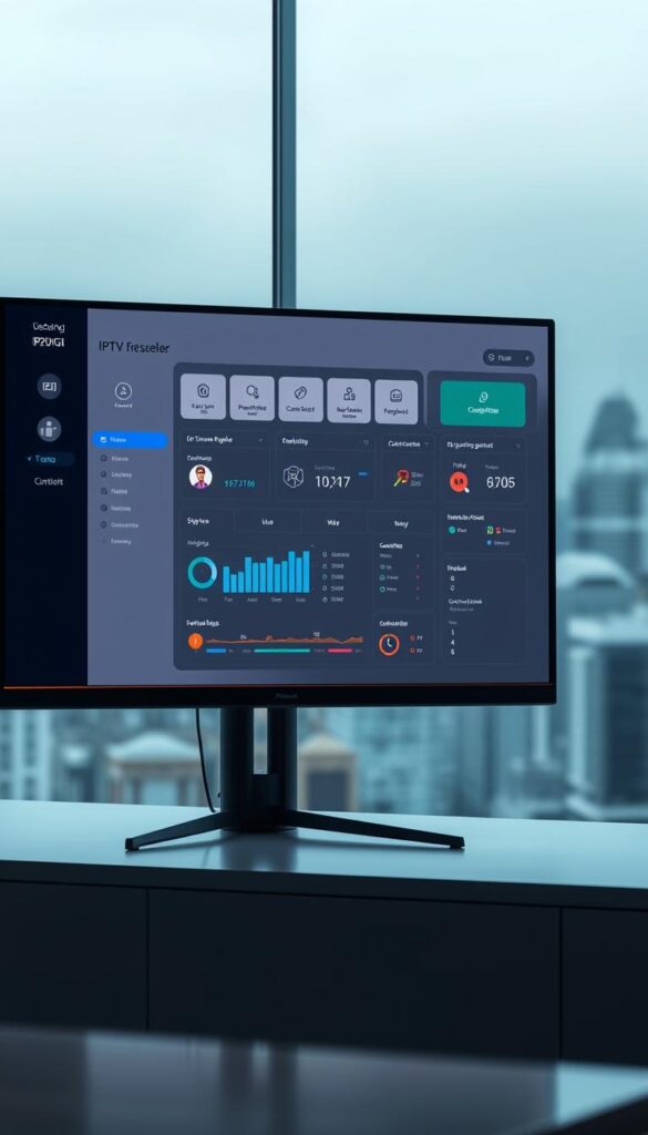 A sleek, minimalist IPTVDIGI control panel interface displayed on a large, high-resolution monitor. The panel showcases a clean, intuitive dashboard with customizable widgets, real-time analytics, and user management tools. Soft, directional lighting illuminates the panel, creating a professional, enterprise-grade atmosphere. The background features a subtle, blurred cityscape, conveying a sense of a thriving IPTV reseller business. The overall composition emphasizes the panel's user-friendly design and powerful capabilities, making it an appealing choice for potential IPTV resellers.