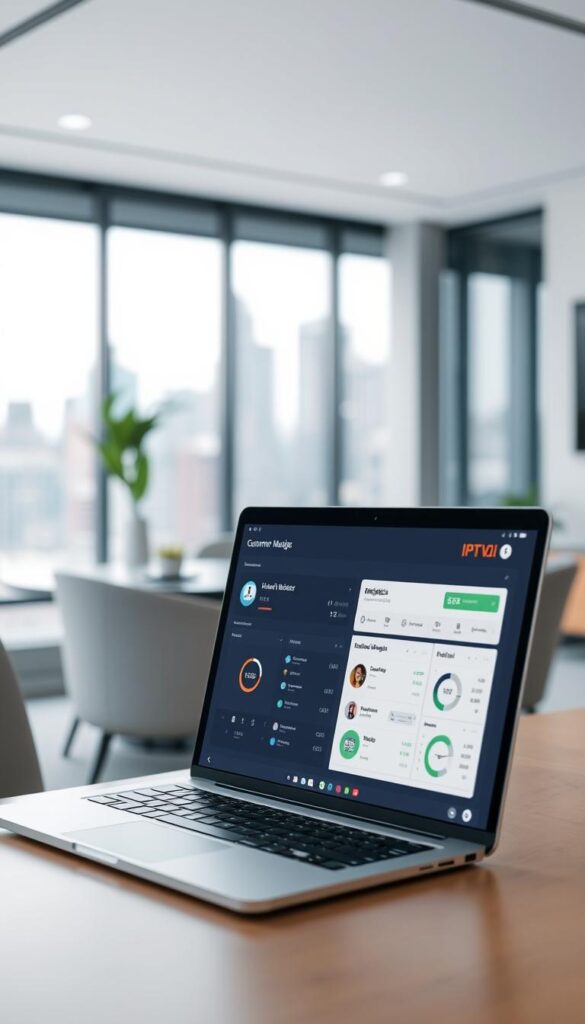 A sleek, minimalist IPTVDIGI customer management dashboard displayed on a laptop screen. The foreground showcases a clean user interface with intuitive controls, neatly organized customer data, and real-time analytics. The middle ground features a modern, well-lit office setting with minimalist decor and subtle branding elements. In the background, a blurred cityscape creates a sense of professionalism and innovation. The overall atmosphere conveys efficiency, reliability, and a user-friendly experience for IPTV resellers to manage their customer base.