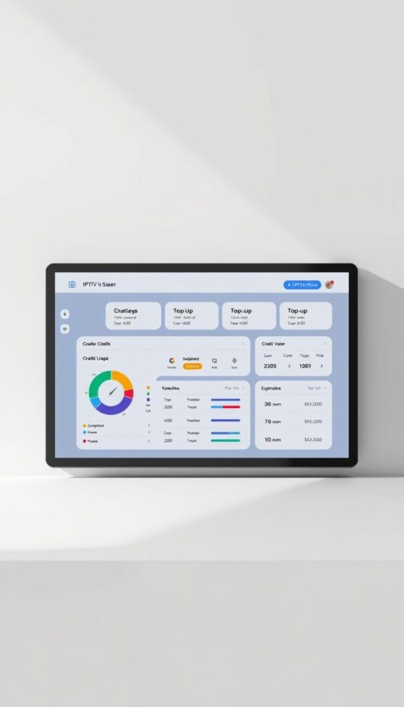 A sleek, minimalist IPTVDIGI dashboard display showcasing a credit management system. In the foreground, a stylized graph and pie chart visualize credit usage and pricing tiers. The middle ground features a clean user interface with intuitive controls for managing customer credits, top-ups, and expiration dates. The background has a subtle gradient backdrop, lending a sense of depth and professionalism to the scene. Crisp lighting from an overhead source casts gentle shadows, emphasizing the three-dimensional elements. The overall mood is one of sophisticated simplicity, reflecting the panel's sophisticated credit management capabilities.