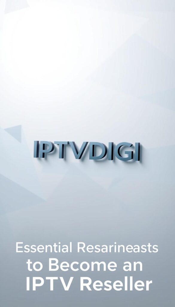 A sleek, minimalist IPTVDIGI logo prominently displayed on a clean, professional background. The logo is rendered in a bold, modern font with a subtle gradient effect, conveying a sense of premium quality and authority. The background features a soft, slightly blurred pattern of geometric shapes in shades of blue and gray, creating a stylish, tech-inspired ambiance. Careful use of lighting and perspective gives the composition a sense of depth and sophistication, perfectly suited to illustrate the "Essential Requirements to Become an IPTV Latino Reseller" section.