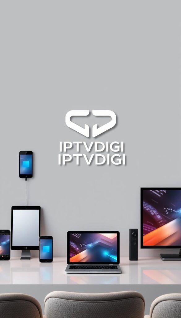 A sleek, minimalist IPTVDIGI logo prominently displayed on a gray background, flanked by an array of modern, stylized electronic devices such as smartphones, tablets, and smart TVs, all seamlessly connected and working in harmony, conveying the multi-device compatibility and cross-platform functionality of the IPTV reseller service. The scene is bathed in a soft, warm lighting, creating a sense of professionalism and reliability. The overall composition is balanced and visually appealing, emphasizing the versatility and user-friendliness of the IPTV reseller solution.