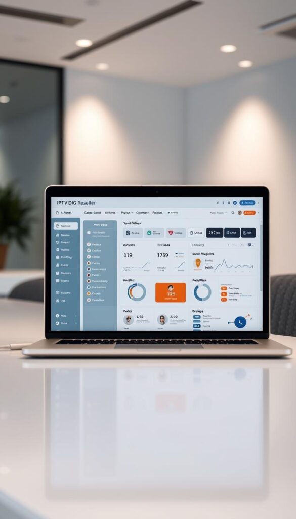 A sleek, minimalist IPTVDIGI reseller panel interface displayed on a laptop screen, set against a clean, modern office backdrop. The panel features intuitive navigation, clear analytics, and customizable branding options. Soft lighting illuminates the scene, creating a professional and trustworthy atmosphere. The layout is well-organized, with easy access to key features such as subscription management, user analytics, and payment processing. The overall impression conveys the panel's efficiency, reliability, and user-friendly design, making it an appealing choice for IPTV resellers.