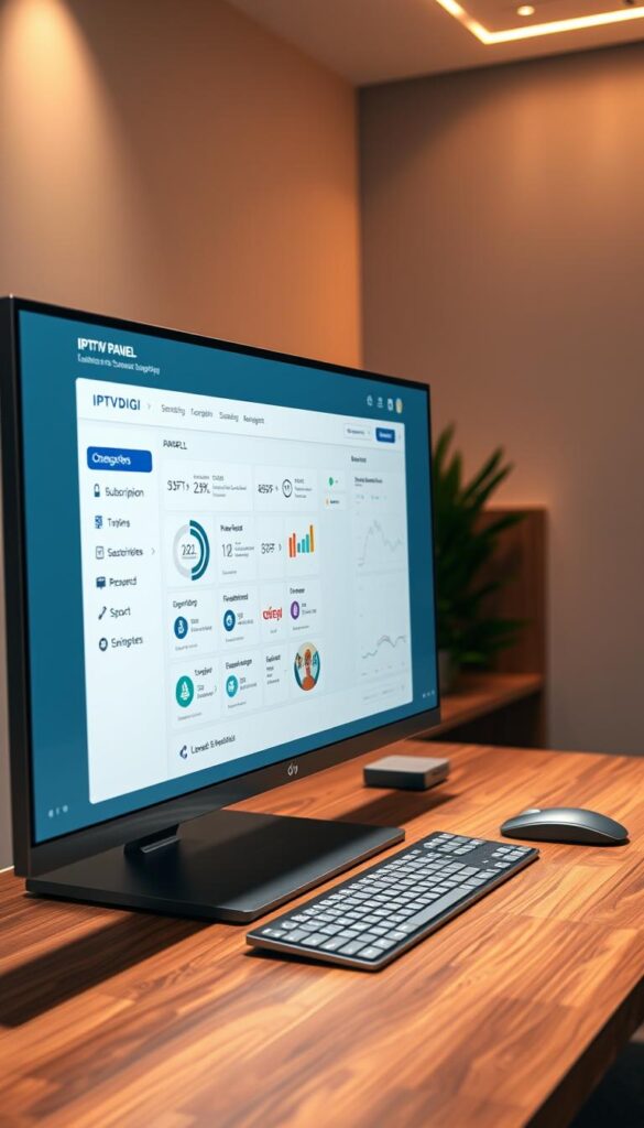 A sleek, minimalist IPTVDIGI reseller panel interface displayed on a large, high-resolution monitor. The panel showcases a clean dashboard with intuitive navigation, displaying real-time analytics, subscription management tools, and seamless customer support integrations. The scene is bathed in a soft, warm lighting that creates a professional and trustworthy atmosphere. The monitor is situated on a modern, wooden desk, complemented by a high-end keyboard and mouse. The background is blurred, emphasizing the panel's focus and clarity, conveying the panel's reliability and user-friendly experience for IPTV resellers.