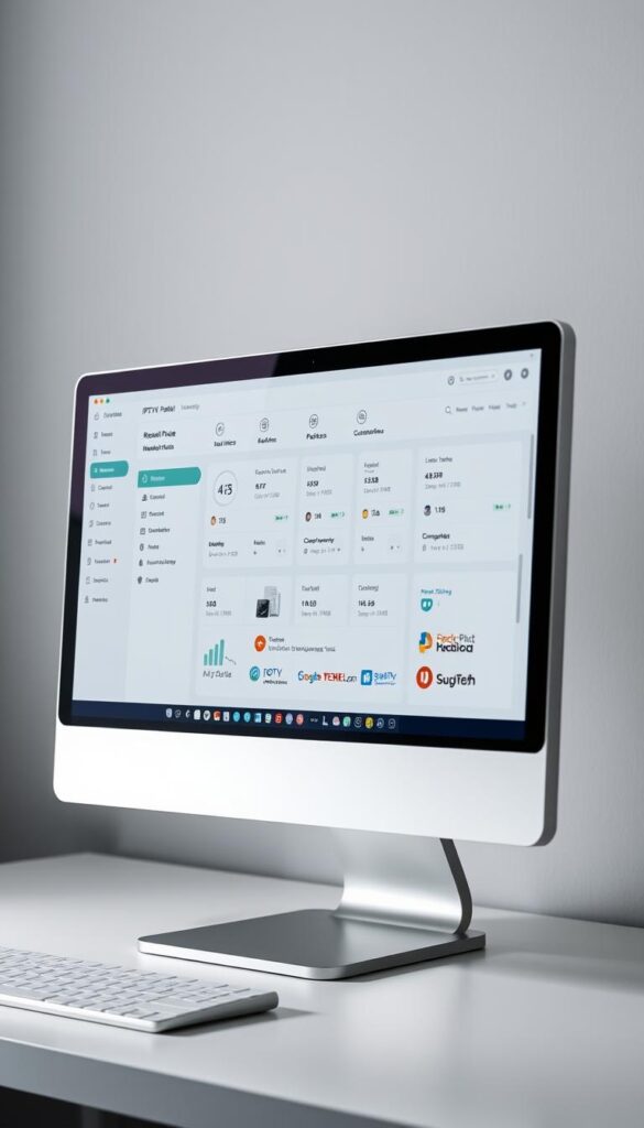 A sleek, minimalist IPTVDIGI reseller panel interface displayed on a modern desktop computer. The panel features a clean, grid-based layout with intuitive navigation menus, real-time analytics, and comprehensive customer management tools. Soft, diffused lighting illuminates the screen, creating a professional, enterprise-grade atmosphere. The panel is shown from a slightly elevated, three-quarter angle, allowing the user to clearly see the various sections and functionalities. The background is a muted, neutral tone, keeping the focus on the reseller panel's features and capabilities.