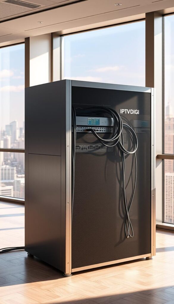 A sleek, minimalist IPTVDIGI server rack standing in a well-lit, modern office space. The rack's brushed metal exterior gleams under focused lighting, casting sharp shadows that accentuate its clean lines. Cables snake neatly through cable trays, connecting the server components in an organized, professional manner. The background features a large window overlooking a bustling city skyline, bathing the scene in a warm, natural light. The overall atmosphere conveys a sense of reliable, high-performance IPTV infrastructure ready to serve a thriving reseller business.
