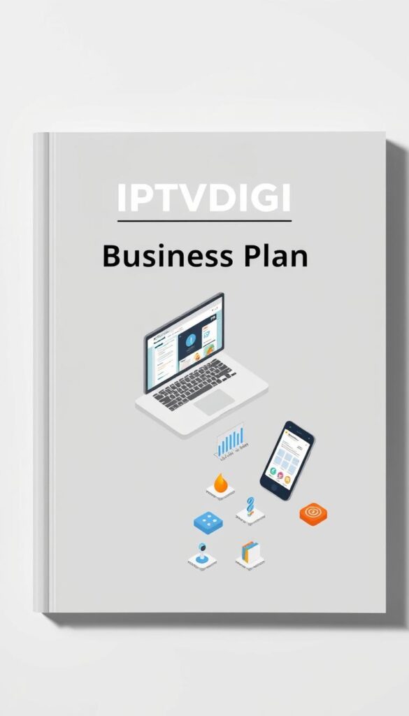 A sleek, minimalist business plan for an IPTV reseller startup. The cover page features the brand name "IPTVDIGI" in a bold, modern font against a clean, gray background. The plan's contents are showcased through a flat, isometric illustration depicting various key components - a laptop displaying IPTV service details, a smartphone with a sales dashboard, financial charts, and icons representing customer service and marketing strategies. Soft, directional lighting casts subtle shadows, creating depth and emphasizing the professional, well-organized nature of the reseller's business approach.