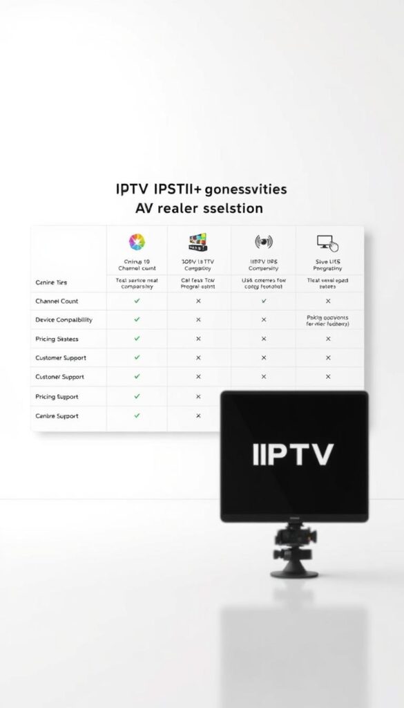 A sleek, minimalist comparison chart showcasing the features and offerings of top IPTV reseller services. The chart occupies the central focus, with a clean white background and subtle grid lines guiding the viewer's eye. In the foreground, the IPTVDIGI brand name is prominently displayed, conveying a sense of authority and expertise. The chart itself features crisp, legible text and icons detailing the key metrics such as channel count, device compatibility, pricing tiers, and customer support. The overall aesthetic is sophisticated and professional, creating an impression of a comprehensive, well-researched resource for potential IPTV resellers.
