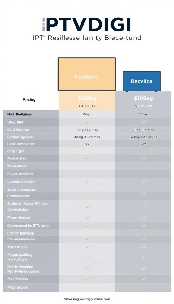 A sleek, minimalist comparison chart showcasing the key features and pricing of three prominent IPTV reseller panels, including IPTVDIGI. The chart is presented against a clean, white background, allowing the information to take center stage. The layout is visually organized, with clear delineations between the panel options and their respective specifications displayed in a straightforward, easy-to-digest manner. The overall aesthetic is professional and inviting, conveying a sense of authority and trustworthiness that would be well-suited for the "Choosing the Right IPTV Reseller Panel for Your Business" section of the article.