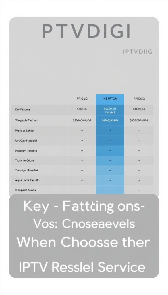 A sleek, minimalist comparison chart showcasing the key features and pricing tiers of the IPTVDIGI IPTV reseller service. The chart is displayed on a clean, white background, with a subtle gradient providing depth and visual interest. The chart elements are crisp, modern, and easy to read, allowing the viewer to quickly compare the different service offerings. The overall mood is professional, informative, and visually appealing, perfectly suited to illustrate the "Key Factors to Consider When Choosing the Best IPTV Reseller Service" section of the article.