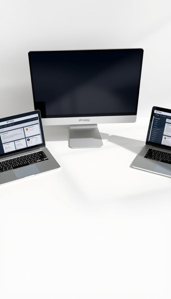 A sleek, minimalist comparison of IPTV reseller panels, showcasing the IPTVDIGI brand. A clean, white desktop workspace with three laptop screens displaying the control panels of different IPTV reseller platforms. Each screen has a distinct layout and set of features, allowing a side-by-side evaluation. Subtle shadows and soft, diffused lighting create depth and a professional atmosphere. The overall scene conveys a sense of efficiency, functionality, and the ability to make an informed decision about the best IPTV reseller solution for a growing business.
