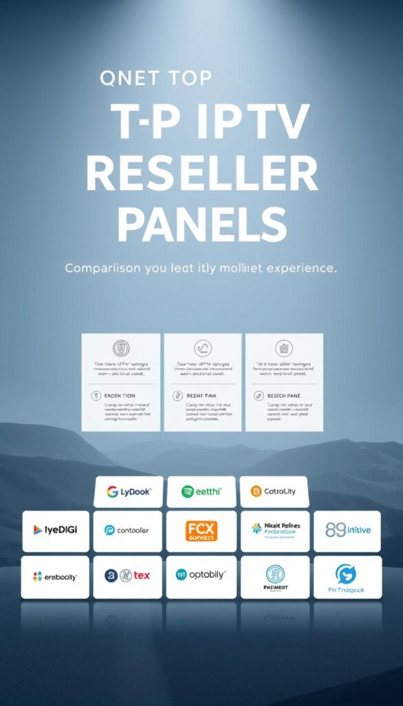 A sleek, minimalist comparison of the top IPTV reseller panels, showcased against a cool, muted background. In the foreground, a grid of stylized panel logos, including the IPTVDIGI brand, arranged with precision. The middle ground features clean, informative data visualizations highlighting key features and capabilities of each panel. The background subtly suggests a technological landscape, with subtle textures and gradients hinting at the underlying infrastructure. Lighting is soft and directional, creating depth and emphasizing the professionalism of the displayed information. The overall tone is one of authority, expertise, and a commitment to providing the best IPTV reseller experience.