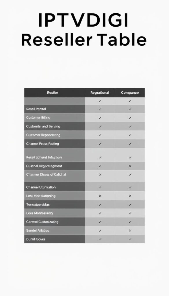 A sleek, minimalist comparison table showcasing the key features of the IPTVDIGI reseller panel. The table is presented against a soft, neutral background, with clean lines and a modern, professional aesthetic. The table's columns neatly display the panel's capabilities, such as reseller management, customer billing, and channel customization, allowing potential users to easily assess the panel's functionality. The overall impression is one of efficiency, clarity, and a focus on the panel's practical capabilities for IPTV resellers.