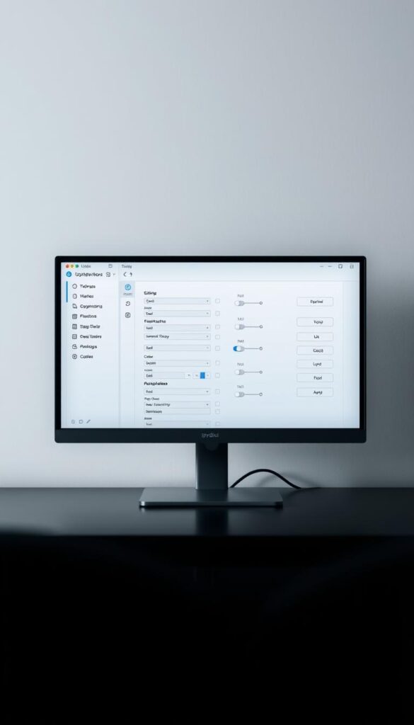 A sleek, minimalist configuration interface for the IPTVDIGI IPTV Smarters Pro app, displayed on a modern desktop computer against a muted, monochromatic background. The screen shows a clean dashboard with neatly organized settings panels, sliders, and toggle switches, reflecting the technical complexity and customizability of the platform. Subtle grid lines and icons lend a sense of precision and professionalism to the scene. Soft, indirect lighting creates depth and highlights the sophisticated design, while a shallow depth of field blurs the periphery, keeping the focus on the core configuration elements.