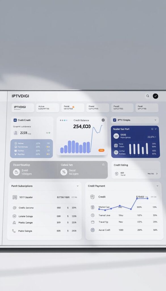 A sleek, minimalist dashboard interface displaying the IPTVDIGI reseller credit system. The interface features a clean and intuitive layout, with a prominent IPTVDIGI logo at the top. In the center, a dynamic credit balance prominently displayed, showcasing the user's current account standing. Surrounding the credit balance are neatly organized panels displaying various reseller-specific metrics, such as active subscriptions, pending payments, and credit transaction history. The overall aesthetic is modern and professional, with a neutral color palette and subtle use of gradients to create depth and visual interest. The scene is illuminated by soft, directional lighting, casting subtle shadows and highlights that enhance the sense of depth and dimension. The camera angle is slightly elevated, providing a clear and comprehensive view of the reseller dashboard interface.