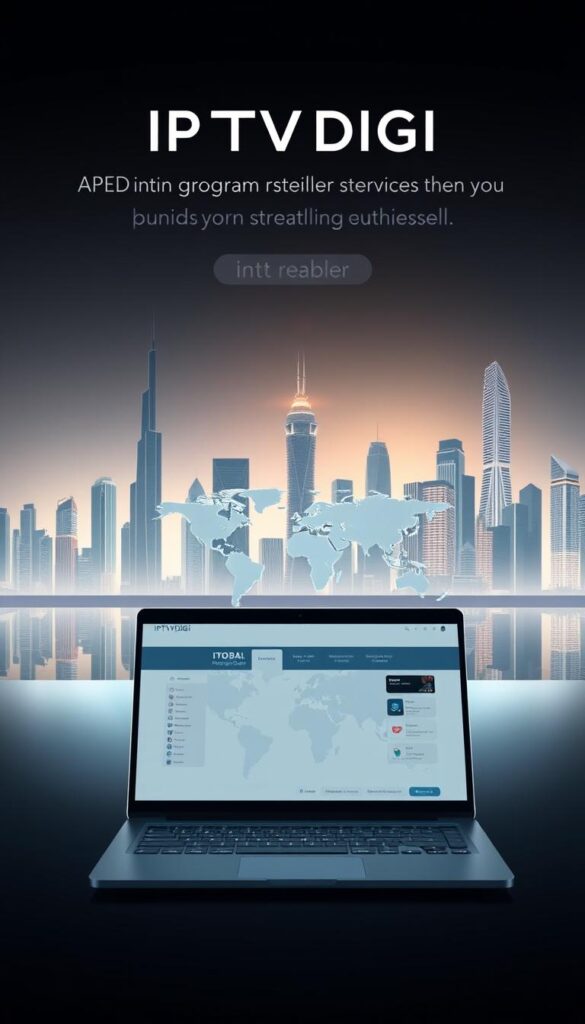 A sleek, minimalist design showcasing the IPTVDIGI premium IPTV reseller program. In the foreground, a laptop or tablet displays the program's interface, featuring clean typography and intuitive navigation. The middle ground depicts a stylized world map, highlighting the global reach and high-quality streaming services. In the background, a serene, futuristic cityscape with towering skyscrapers and glowing neon accents conveys a sense of technological sophistication. Diffused lighting casts a warm, inviting glow, creating a premium, aspirational atmosphere. The overall composition emphasizes the program's reliability, scalability, and cutting-edge features.