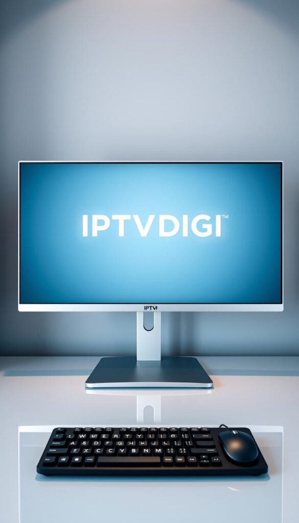 A sleek, minimalist desktop workspace with a large, high-resolution display showcasing the IPTVDIGI brand logo prominently in the center. The screen is surrounded by a modern, aluminum frame with clean lines and a silver finish. In the foreground, a high-end wireless keyboard and mouse sit on a polished, glass surface, conveying a professional and sophisticated atmosphere. The background features a muted, gradient-based wall in shades of blue and gray, creating a calming and focused environment. Soft, directional lighting illuminates the scene, accentuating the textures and materials. The overall composition exudes a sense of technological prowess and reliable service, characteristic of the IPTVDIGI IPTV reseller program.
