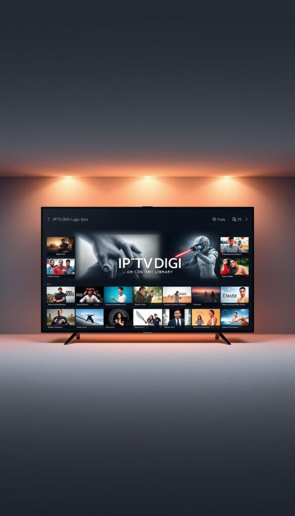 A sleek, minimalist digital content library interface showcasing the IPTVDIGI brand. In the center, a large, high-resolution display presents a curated selection of video thumbnails, hinting at the vast array of entertainment options available. The background features a soft, neutral color palette, creating a sense of sophistication and professionalism. Subtle lighting casts a warm, inviting glow, drawing the viewer's attention to the content. The layout is clean and intuitive, with elegant typography and icons that guide the user's experience. The overall impression conveys the reliability, quality, and comprehensive nature of the IPTVDIGI content library.