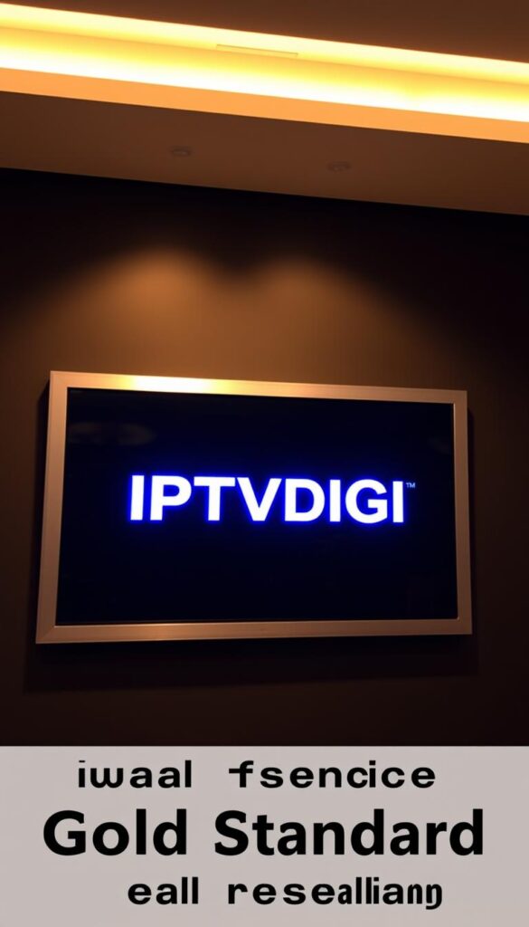 A sleek, minimalist digital display showcases the bold "IPTVDIGI" brand name, radiating a sense of professionalism and reliability. The screen is surrounded by a modern, silver-toned frame, hinting at the advanced technology within. Soft, indirect lighting illuminates the display, creating a warm, inviting atmosphere. The overall composition conveys a premium, high-quality IPTV service that embodies the "Gold Standard" for legal reselling, ready to be featured in the article.