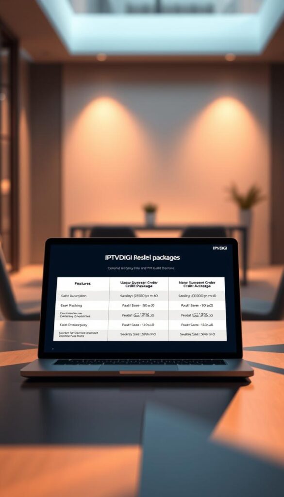 A sleek, minimalist digital display showcasing the IPTVDIGI reseller credit packages. In the foreground, a laptop or tablet screen displays the various subscription tiers, pricing, and feature details in a clean, professional layout. The middle ground features a modern, metallic desk or surface, with geometric shapes and shadows casting a sophisticated ambiance. The background is a softly blurred, elegant office setting, conveying a sense of high-quality, enterprise-level service. The lighting is warm and directional, highlighting the screen's clarity and the reseller package information. The overall mood is one of authority, reliability, and digital sophistication.