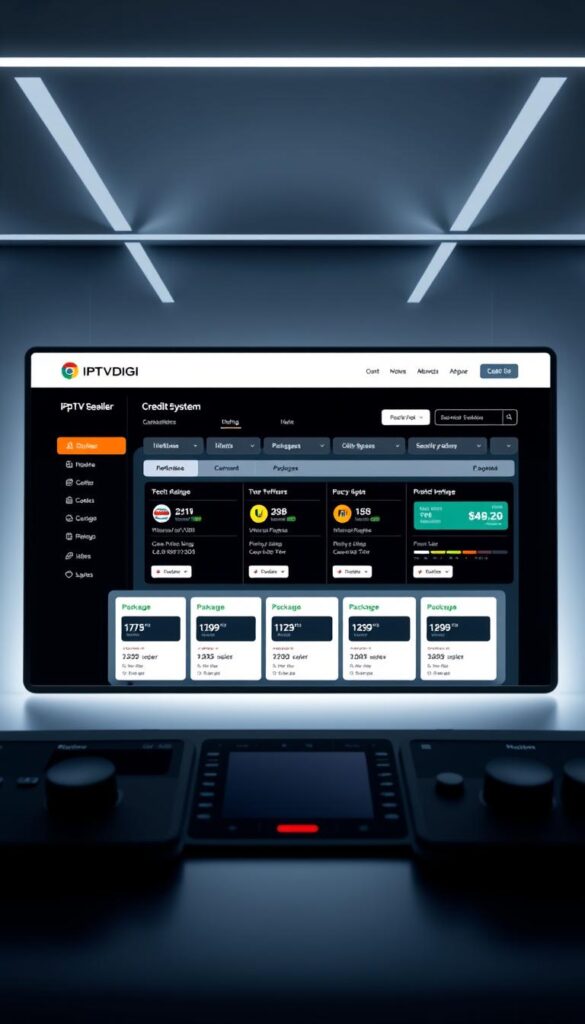A sleek, minimalist digital interface showcasing the IPTVDIGI Reseller Credit System. In the foreground, a modern dashboard displays intuitive controls and real-time credit balance updates. The middle ground features a clean grid layout highlighting package options and pricing, while the background subtly evokes a sense of technology and connectivity with a subtle grid pattern. Soft lighting accentuates the crisp, high-contrast visuals, creating a professional, user-friendly atmosphere. The overall composition conveys a seamless, efficient reseller experience powered by IPTVDIGI's robust credit management capabilities.