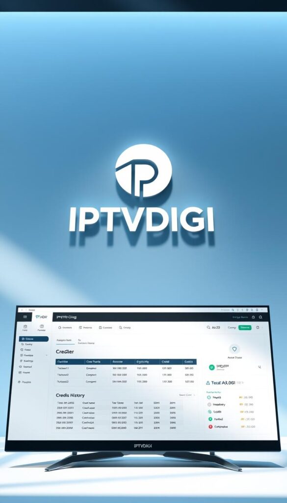 A sleek, minimalist digital interface showcasing the IPTVDIGI Reseller Credit System. In the foreground, a clean dashboard displays credits, transaction history, and reseller management tools. The middle ground features a prominent IPTVDIGI logo, rendered in a modern, monochromatic style. The background subtly blends shades of blue and gray, creating a professional, tech-forward atmosphere. Lighting is soft and directional, casting gentle shadows that accentuate the system's intuitive design. The overall impression is one of a comprehensive, user-friendly reseller platform that empowers IPTVDIGI partners to manage their accounts efficiently.