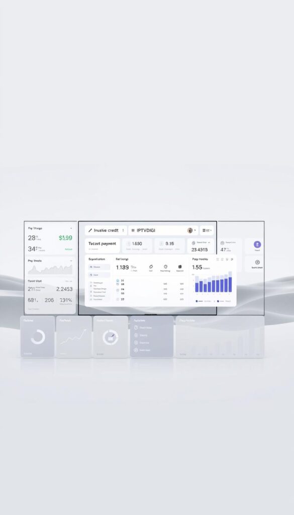 A sleek, minimalist digital interface showcasing the "IPTVDIGI" credit system. In the foreground, a series of intuitive tiles and graphs display real-time usage data, payment history, and account details. The middle ground features a clean, monochromatic dashboard with crisp typography and subtle icons. In the background, a soft, gradient-based landscape frames the scene, creating a sense of depth and professionalism. The lighting is soft and diffused, highlighting the clarity of the digital elements. The overall mood is one of efficiency, reliability, and a modern, technology-driven aesthetic.