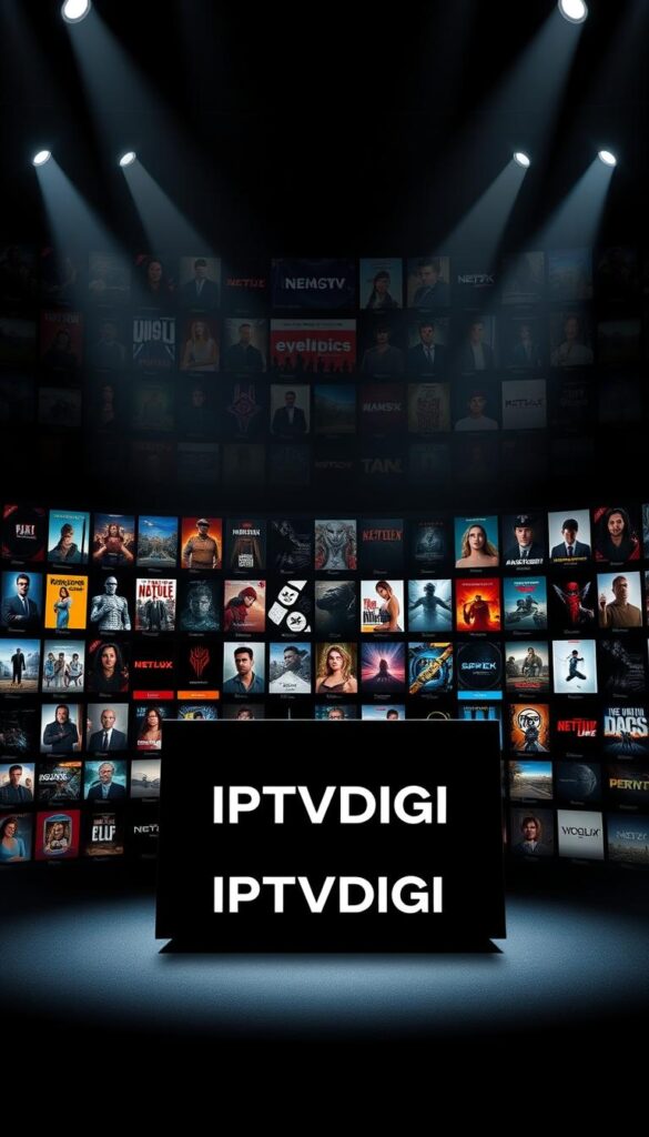 A sleek, minimalist digital interface showcasing the expansive IPTV content library of IPTVDIGI. Rows of high-definition movie and TV show thumbnails elegantly arranged against a dark, cinematic backdrop, illuminated by soft, directional lighting that creates depth and draws the eye. In the foreground, a central display panel prominently features the IPTVDIGI brand, while the middle ground presents a grid of popular content categories. The background subtly hints at the vast breadth of the library, with a sense of infinity and boundless entertainment options. The overall mood is one of sophistication, quality, and the promise of endless viewing possibilities.