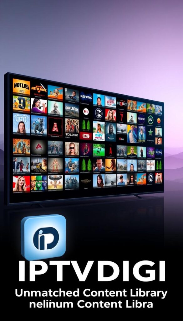 A sleek, minimalist digital library interface showcasing the expansive IPTVDIGI content collection. In the foreground, a stylized IPTVDIGI logo stands prominently, casting a soft glow. The middle ground features a grid of vibrant, high-definition channel and video thumbnails, hinting at the depth and breadth of the 21,000+ channels and 150,000+ VODs available. The background is a serene, gradient-infused landscape, creating a sense of depth and sophistication. Soft, directional lighting illuminates the scene, emphasizing the premium quality of the IPTVDIGI service. The overall impression is one of an unparalleled, visually stunning content library, conveying the "Unmatched Content Library" section of the article.