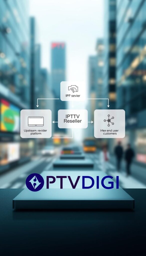 A sleek, minimalist illustration depicting the IPTV reseller business model. In the foreground, the IPTVDIGI brand logo prominently showcases its service offerings. In the middle ground, a flow diagram illustrates the key components of the reseller model - upstream IPTV provider, IPTVDIGI reseller platform, and end-user customers. The background features a blurred cityscape, conveying the urban, tech-savvy atmosphere of the IPTV industry. The lighting is crisp and modern, with a cool color palette to evoke a sense of professionalism and innovation. The overall composition is balanced and visually compelling, designed to clearly explain the IPTV reseller business model.