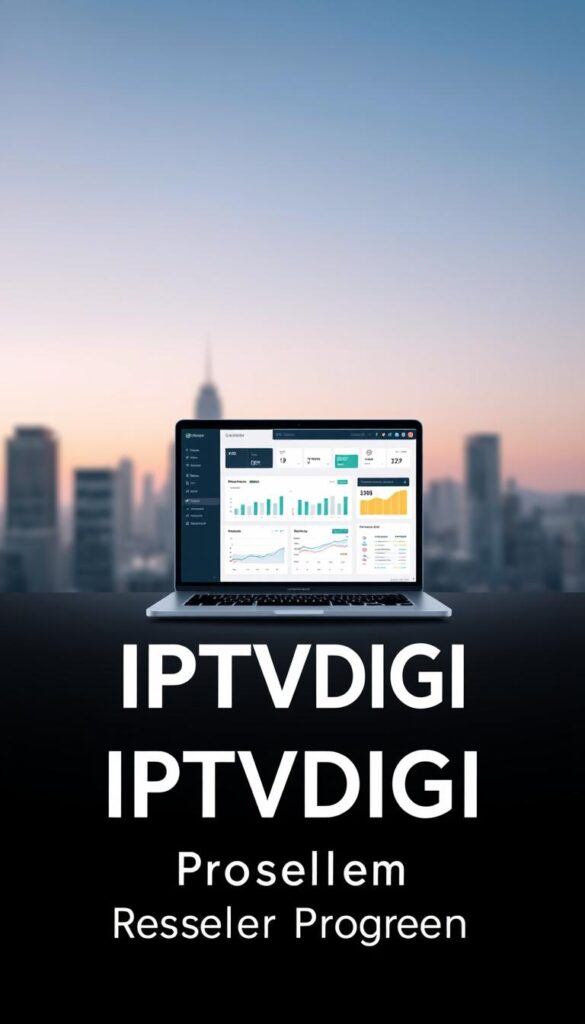 A sleek, minimalist illustration of an IPTV reseller program. In the foreground, the IPTVDIGI brand name stands out prominently, rendered in a modern, clean typeface against a subtle gradient background. In the middle ground, a laptop screen displays an IPTV dashboard, showcasing metrics, user statistics, and revenue data - conveying the powerful tools and insights available to IPTV resellers. The background features a softly blurred cityscape, hinting at the global reach and scalability of the IPTV reseller business. The overall mood is professional, sophisticated, and technology-driven, reflecting the lucrative opportunities of the IPTV reseller industry.