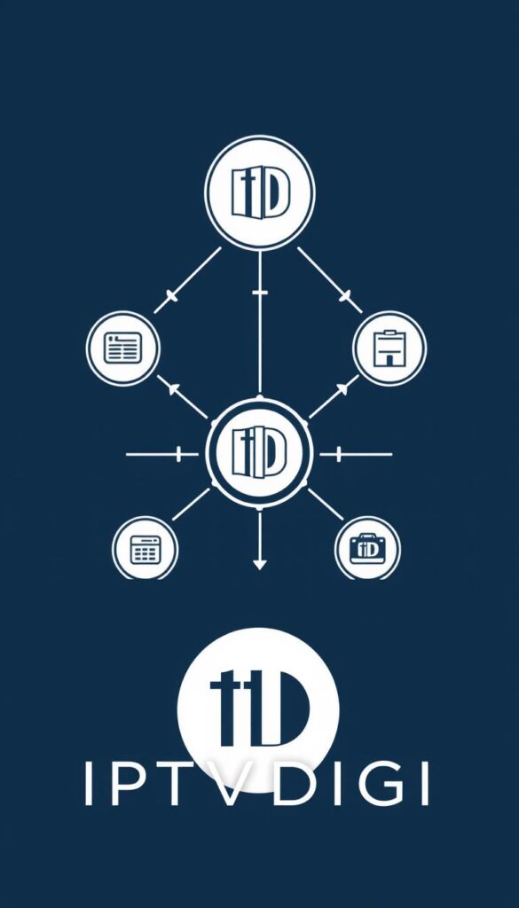 A sleek, minimalist illustration of the IPTV reseller business model. In the foreground, a stylized representation of the IPTVDIGI brand, its elegant logo prominently displayed. In the middle ground, a series of interconnected nodes and arrows depicting the flow of subscriptions, payments, and content distribution. The background features a subtle grid-like pattern, conveying the technical and digital nature of the IPTV ecosystem. The overall composition is balanced, with a cool, professional color palette and crisp, high-contrast rendering, creating a sense of efficiency and reliability.