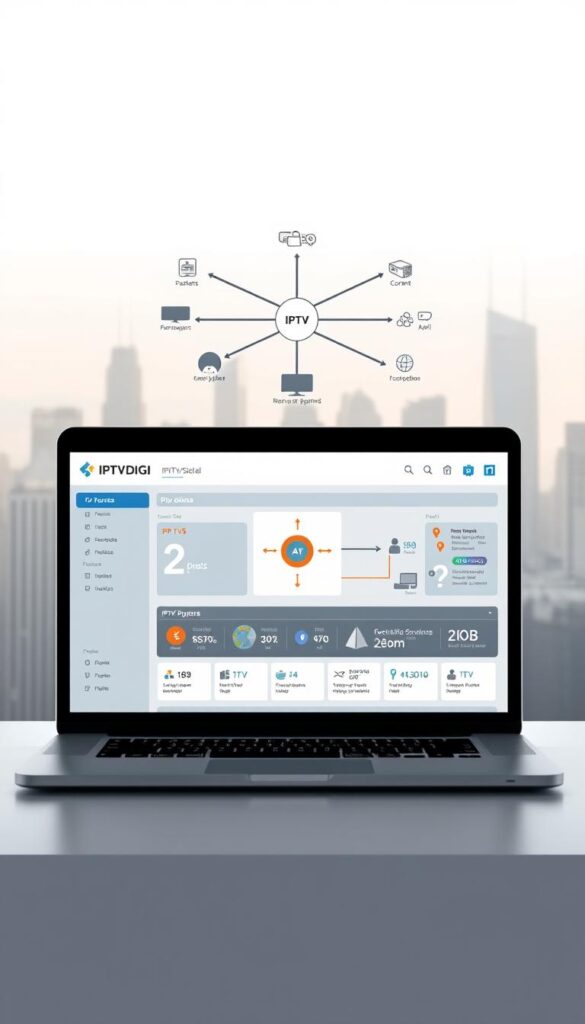 A sleek, minimalist illustration of the IPTVDIGI reseller business model. In the foreground, a laptop displaying a dashboard with key metrics and revenue streams. In the middle ground, a network diagram showcasing the flow of content and payments between the IPTVDIGI platform, content providers, and end-user subscribers. The background features a cityscape, conveying the global reach and scalability of the IPTVDIGI reseller model. Soft lighting, muted colors, and clean lines create a professional, high-tech atmosphere.