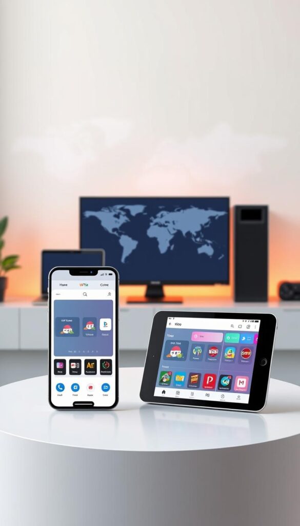 A sleek, minimalist illustration showcasing the multi-device support of IPTVDIGI's IPTV reseller plans. In the foreground, a modern smartphone and tablet are displayed, seamlessly connected and displaying IPTVDIGI's user interface. The middle ground features a laptop and desktop computer, also integrated into the IPTVDIGI ecosystem. The background depicts a stylized world map, symbolizing the global reach and scalability of IPTVDIGI's IPTV reseller offerings. The scene is bathed in a soft, warm lighting that creates a professional and trustworthy atmosphere, emphasizing IPTVDIGI's reliability and cutting-edge technology.