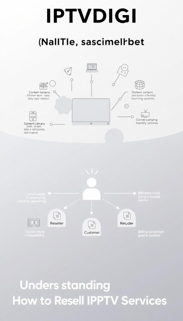 A sleek, minimalist infographic showcasing the IPTVDIGI IPTV reseller business model. In the foreground, a simplified diagram displays the key components: reseller, customer, and IPTV service provider, connected by clean lines and arrows. The middle ground features abstract geometric shapes and icons representing features like content libraries, device compatibility, and billing systems. The background has a subtle grid pattern, conveying a sense of structure and organization. The overall aesthetic is modern, sophisticated, and visually engaging, perfectly suited to illustrate the "Understanding How to Resell IPTV Services" section.