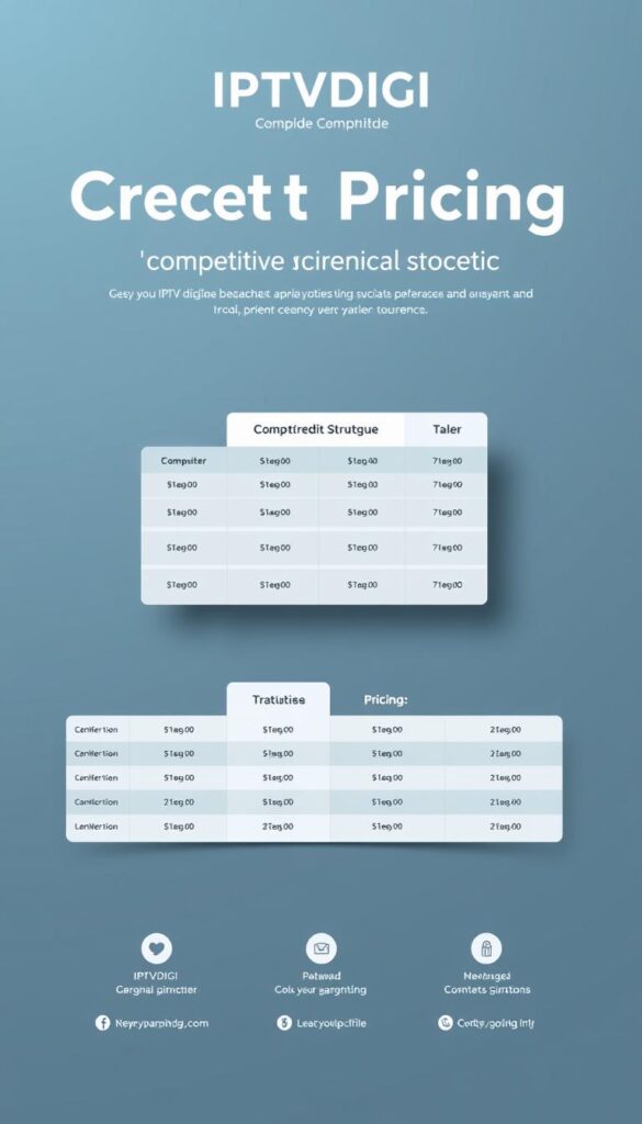 A sleek, minimalist infographic showcasing the competitive credit pricing structure of IPTVDIGI. Rendered in a clean, sophisticated style with a muted color palette of blues, grays, and whites. The layout features a central grid or table layout, neatly organizing the various pricing tiers and credits. Subtle gradients and geometric shapes add depth and visual interest. The overall mood is professional, authoritative, and designed to convey IPTVDIGI's reliable and trustworthy pricing. Captured at a slightly high angle to give a sense of scale and importance. Crisp, high-resolution rendering with careful attention to detail and balance.