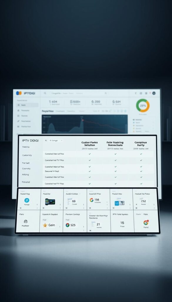 A sleek, minimalist interface showcasing IPTVDIGI's IPTV reseller panel. In the foreground, an array of customizable tiles display key metrics and tools, their clean design and intuitive layouts inviting exploration. The middle ground features a comparison table, highlighting IPTVDIGI's competitive pricing and feature set against rival panels, all set against a subdued, gradient-rich background suggestive of digital infrastructure. Crisp, realistic lighting casts subtle shadows, lending depth and tactility to the scene. The overall mood is one of professionalism, efficiency, and technological prowess, conveying the panel's suitability for discerning IPTV resellers.