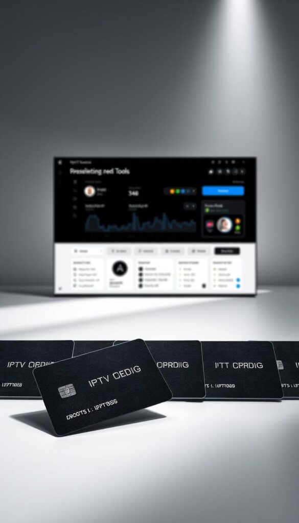 A sleek, minimalist interface showcasing the IPTVDIGI reseller credit system. In the foreground, a series of digital credit cards with a tactile, embossed effect, each displaying the IPTVDIGI logo. The cards are arranged in a visually striking grid, casting soft shadows that add depth and dimension. The middle ground features a elegant dashboard-like display, providing a clear overview of available credits, transaction history, and account management tools. The background is a clean, monochromatic space, with subtle lighting that highlights the sophisticated, technology-driven atmosphere. The overall composition conveys a sense of professionalism, efficiency, and the seamless integration of the IPTVDIGI credit system into the reseller's workflow.