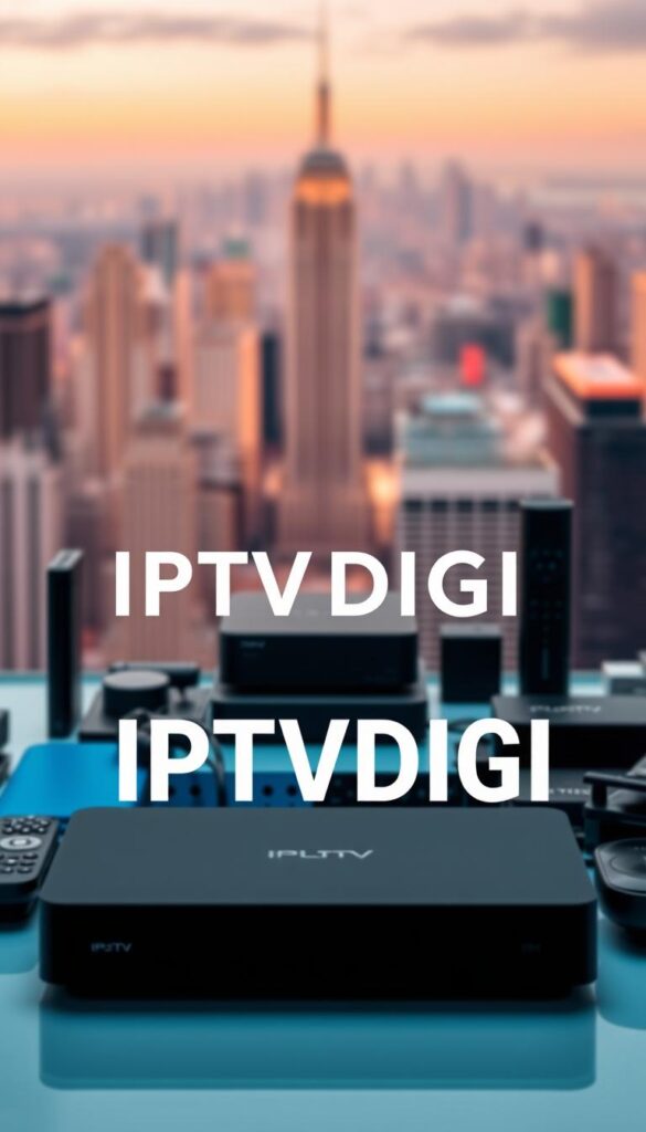 A sleek, minimalist logo for the "IPTVDIGI" IPTV reseller program stands prominently in the foreground, conveying a sense of professionalism and reliability. In the middle ground, a collection of modern, high-quality IPTV devices and streaming accessories are artfully arranged, hinting at the comprehensive suite of products and services offered. The background features a softly blurred, warm-toned cityscape, evoking a sense of a thriving, tech-savvy urban environment, alluding to the global reach and scale of the IPTVDIGI platform. The overall composition and color palette create a visually striking and inviting scene, embodying the premium quality and cutting-edge nature of the IPTVDIGI IPTV reseller program.