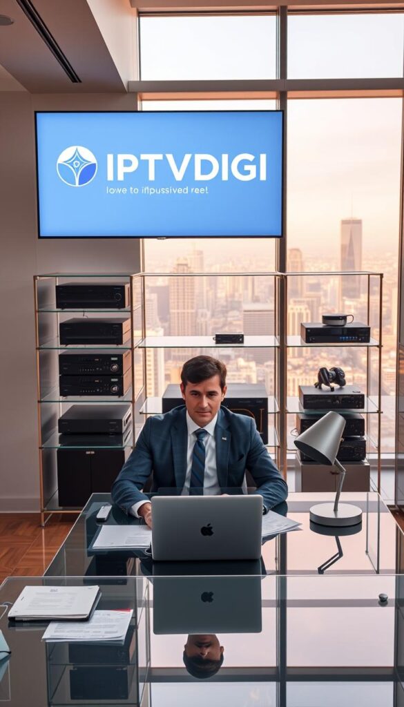 A sleek, minimalist office interior with a large 4K monitor displaying the IPTVDIGI logo. In the foreground, a well-dressed businessman sits at a modern glass desk, laptop open, surrounded by neatly organized papers and a stylized desk lamp. The middle ground features elegant shelving units filled with high-end networking equipment, creating an atmosphere of professionalism and technological sophistication. The background showcases floor-to-ceiling windows overlooking a vibrant cityscape, bathed in warm, natural lighting that lends a sense of prosperity and growth to the scene.