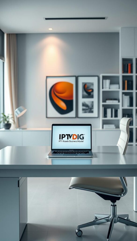 A sleek, minimalist office interior with a large desk and ergonomic chair. On the desk, a laptop displays the IPTVDIGI logo, showcasing the IPTV reseller business model. The background features bookshelves and modern artwork, creating a professional and sophisticated atmosphere. Soft, directional lighting from a large window casts a warm glow, highlighting the key elements. The scene conveys a sense of efficiency, organization, and a thriving IPTV reseller enterprise.