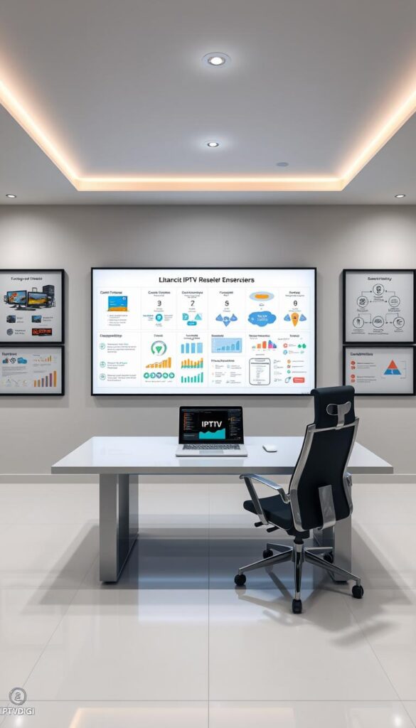 A sleek, minimalist office interior with a large desk and ergonomic chair. On the desk, a laptop displays the IPTVDIGI logo and an interactive dashboard showcasing key performance metrics, subscriber trends, and revenue projections. The walls are adorned with framed schematics and workflow diagrams detailing the IPTV reseller business model, including content aggregation, distribution channels, and subscriber management. Soft, directional lighting from recessed ceiling fixtures casts a professional, focused atmosphere. The scene conveys a sense of precision, efficiency, and technological prowess associated with a successful IPTV reseller enterprise.