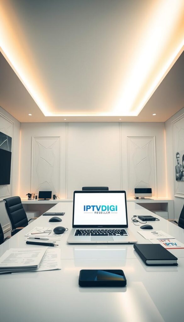A sleek, minimalist office interior with a large desk and modern office equipment. On the desk, a laptop displaying the IPTVDIGI logo, surrounded by various documents and accessories related to an IPTV reseller business. The room is well-lit, with warm, soft lighting illuminating the scene. The walls are adorned with clean, geometric patterns, creating a professional and elegant atmosphere. The overall composition conveys a sense of organization, efficiency, and the business-focused nature of an IPTV reseller operation.