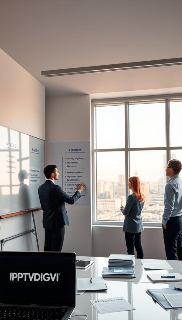 A sleek, minimalist office interior with a large whiteboard on the wall showcasing various IPTV reseller business models. The foreground features a desk with a laptop displaying the IPTVDIGI logo, surrounded by neatly organized documents and office supplies. The middle ground shows several people in business attire engaged in a discussion, gesturing towards the whiteboard. The background has large windows overlooking a vibrant city skyline, bathed in warm, natural lighting. The overall atmosphere conveys a sense of professionalism, collaboration, and strategic planning within the IPTV reseller industry.