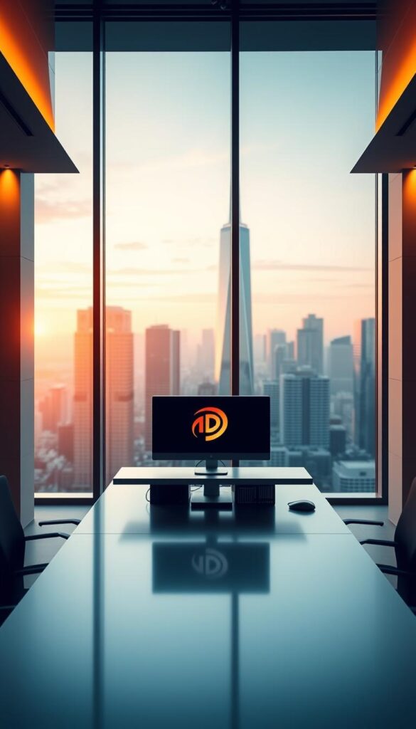 A sleek, minimalist office interior with a large window overlooking a bustling city skyline. In the center of the frame, a desk with a high-end desktop computer and a stylized "IPTVDIGI" logo prominently displayed. The desk is surrounded by modern office furniture and accented by warm, indirect lighting. The overall atmosphere conveys a sense of professionalism, technological innovation, and industry leadership. The camera angle is slightly elevated, giving a sense of authority and command over the scene.