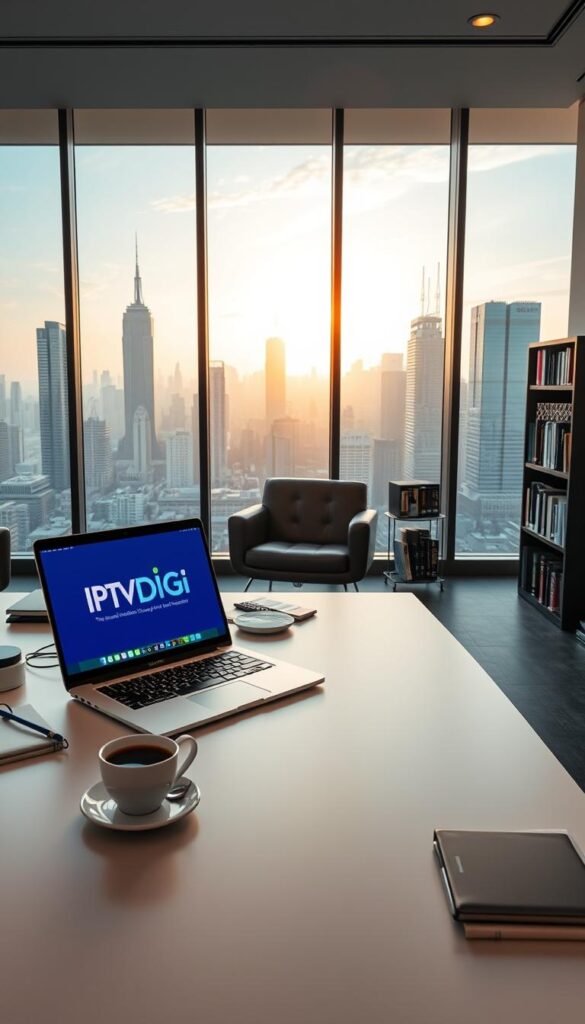 A sleek, minimalist office interior with a large window overlooking a bustling city skyline. In the foreground, a well-appointed desk with a laptop displaying the IPTVDIGI logo. On the desk, various office supplies and a cup of coffee, creating a sense of a thriving, professional workspace. The middle ground features a comfortable leather chair and a bookshelf filled with relevant business and technology books. The background showcases the cityscape, bathed in warm, golden lighting, conveying a sense of opportunity and growth. The overall scene exudes an atmosphere of success, innovation, and the advantages of running an IPTV reseller business.