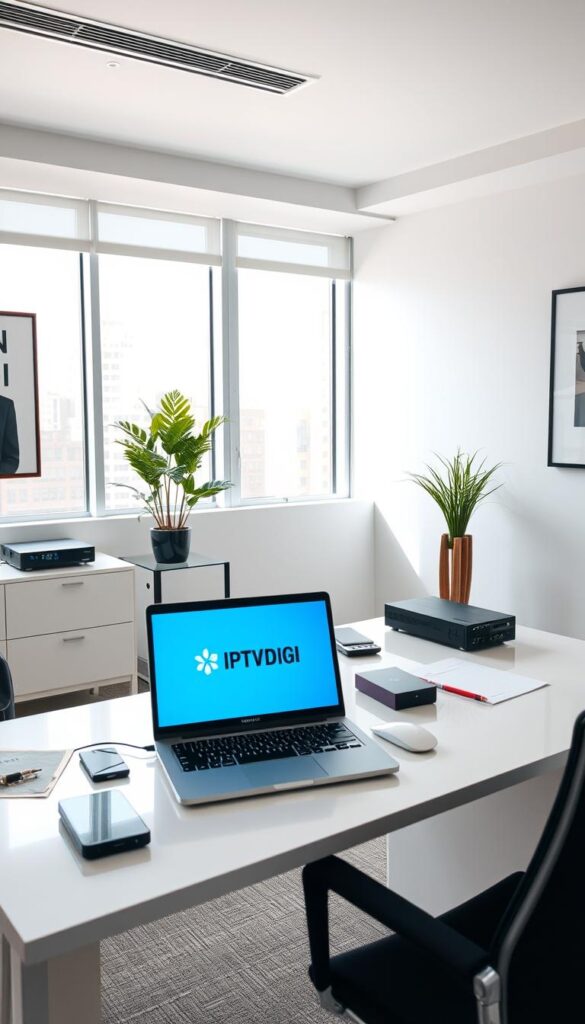 A sleek, minimalist office interior with a modern, well-lit desk setup. On the desk, a laptop displays the IPTVDIGI logo, surrounded by various office supplies and a discreet IPTV setup equipment. Soft, natural lighting filters in through large windows, creating a professional and welcoming atmosphere. The walls feature clean, neutral-toned decor, giving the space a polished, business-focused feel. The overall impression is one of a well-organized, technology-driven IPTV reseller business, ready to provide efficient and reliable services.