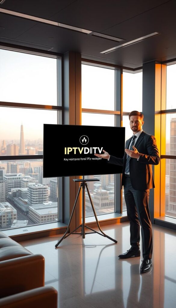 A sleek, minimalist office interior with large windows overlooking a bustling city skyline. In the foreground, a well-dressed business professional stands confidently, gesturing towards a presentation screen displaying the IPTVDIGI logo and key benefits of IPTV reselling, such as passive income, flexible working hours, and low startup costs. The lighting is warm and inviting, creating a sense of professionalism and success. The overall scene conveys the advantages of becoming an IPTV reseller and the potential for financial and personal growth.