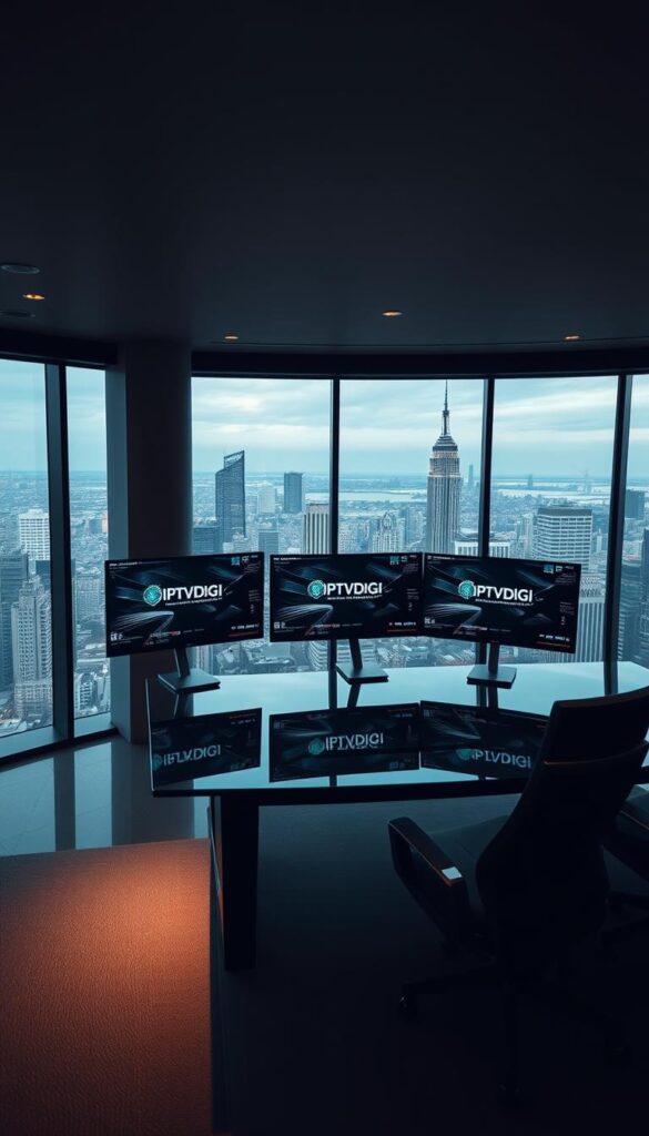 A sleek, minimalist office interior with large windows overlooking a bustling city skyline. In the foreground, a glass-topped desk features several high-end gaming monitors displaying the IPTVDIGI logo and interface, showcasing their leading IPTV reseller platform. Subtle mood lighting creates a professional, tech-forward atmosphere. The middle ground features ergonomic office chairs and a stylish conference table, hinting at IPTVDIGI's collaborative workspace. In the background, the cityscape is visible through the panoramic windows, conveying a sense of scale and the company's prominence within the IPTV industry.