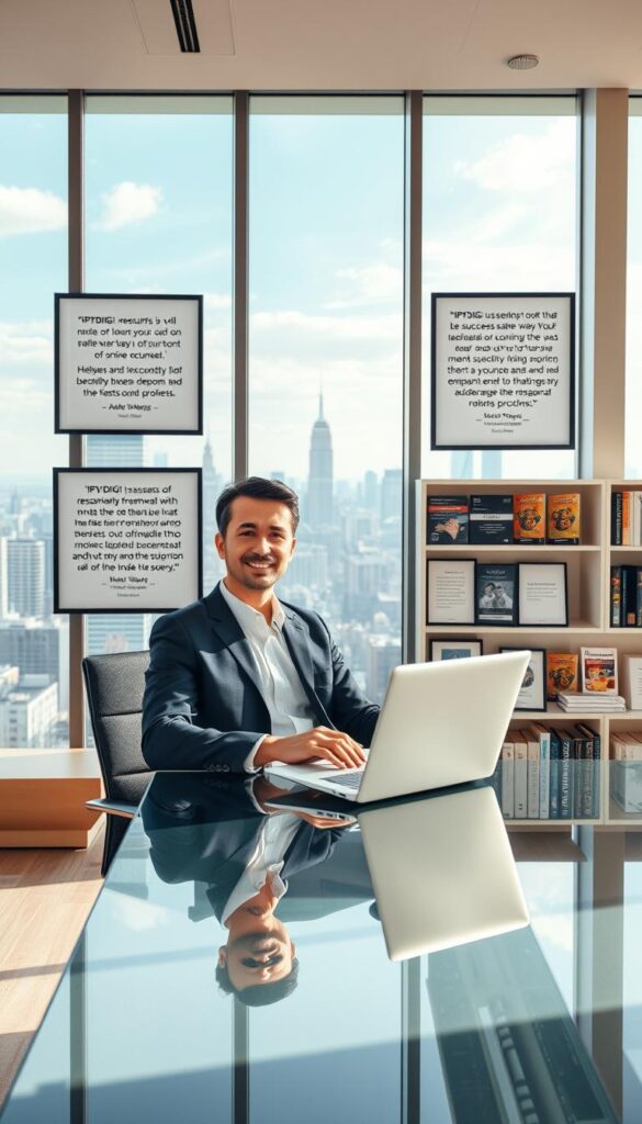 A sleek, minimalist office interior with large windows overlooking a bustling city skyline. In the foreground, a well-dressed professional, representing an IPTVDIGI reseller, is seated at a modern glass desk, laptop open and a confident expression on their face. Surrounding them are framed success stories and customer testimonials, highlighting the growth and profitability of the IPTVDIGI reseller program. The lighting is soft and natural, creating a warm, inviting atmosphere. In the background, a bookshelf displays various marketing materials and sales resources, underscoring the support and guidance provided to IPTVDIGI resellers. The overall scene conveys a sense of achievement, opportunity, and the rewards of being an IPTVDIGI reseller.