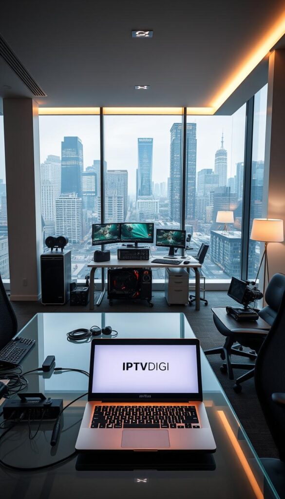 A sleek, minimalist office interior with large windows overlooking a bustling city skyline. In the foreground, a modern glass-top desk features a laptop displaying the IPTVDIGI logo, surrounded by various cable and networking equipment. The middle ground showcases a well-organized workstation with a high-end gaming PC, multiple monitors, and a professional-grade camera setup. The background is filled with stylish, ergonomic office furniture and subtle ambient lighting, creating a sophisticated and productive atmosphere. The overall scene conveys the evolving, tech-savvy nature of the IPTV reselling industry.